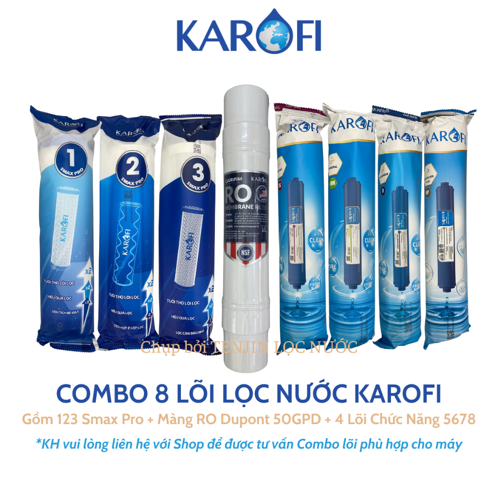 Combo 8 Lõi Lọc Nước Karofi Gồm Lõi 123 Smax Pro - Màng RO Đúc 100GPD Cắm Nhanh - T33 Mineral Far Nano ERO80 Mẫu mới