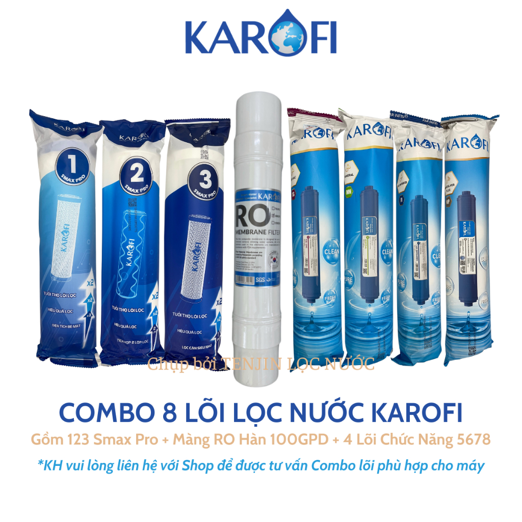 Combo 8 Lõi Lọc Nước Karofi Gồm Lõi 123 Smax Pro - Màng RO Đúc 100GPD Cắm Nhanh - T33 Mineral Far Nano ERO80 Mẫu mới