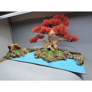 Tiểu cảnh dành cho bể cá cảnh kích thước 40 cm trở lên. Cây Bonsai tán Tùng kết hợp với sỏi, đá, cát, dán trên Tấm Alu