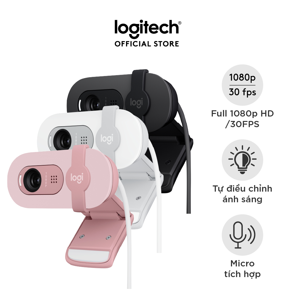 Webcam Full HD Logitech Brio 100 – Cân bằng ánh sáng, Mic, Màn chập, USB-A, cho Microsoft Teams, Google Meet, Zoom