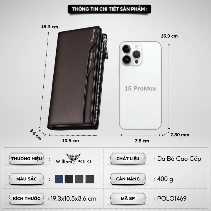 Ví nam dài cầm tay da bò chính hãng William POLO cao cấp ví đứng nam cầm tay full hộp đựng bóp nam da bò cao cấp- 𝑰𝑩