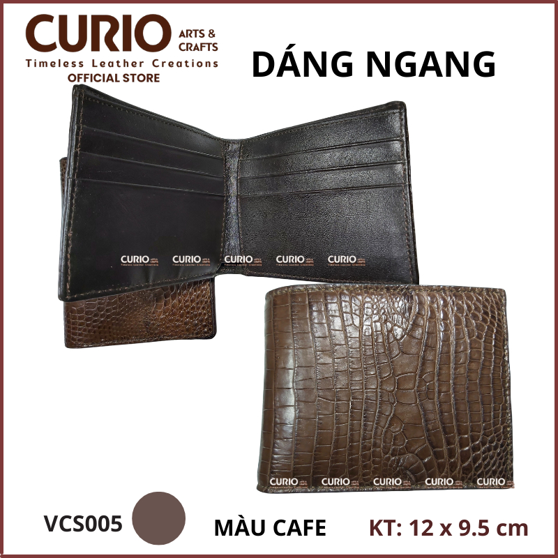 Bóp/ Ví nam da cá sấu thật, màu cafe, gập đôi dáng ngang/ dáng đứng, kèm hộp VCS005 - CURIO LEATHER