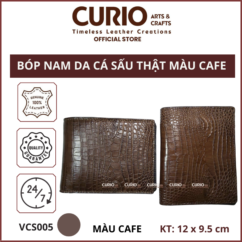 Bóp/ Ví nam da cá sấu thật, màu cafe, gập đôi dáng ngang/ dáng đứng, kèm hộp VCS005 - CURIO LEATHER