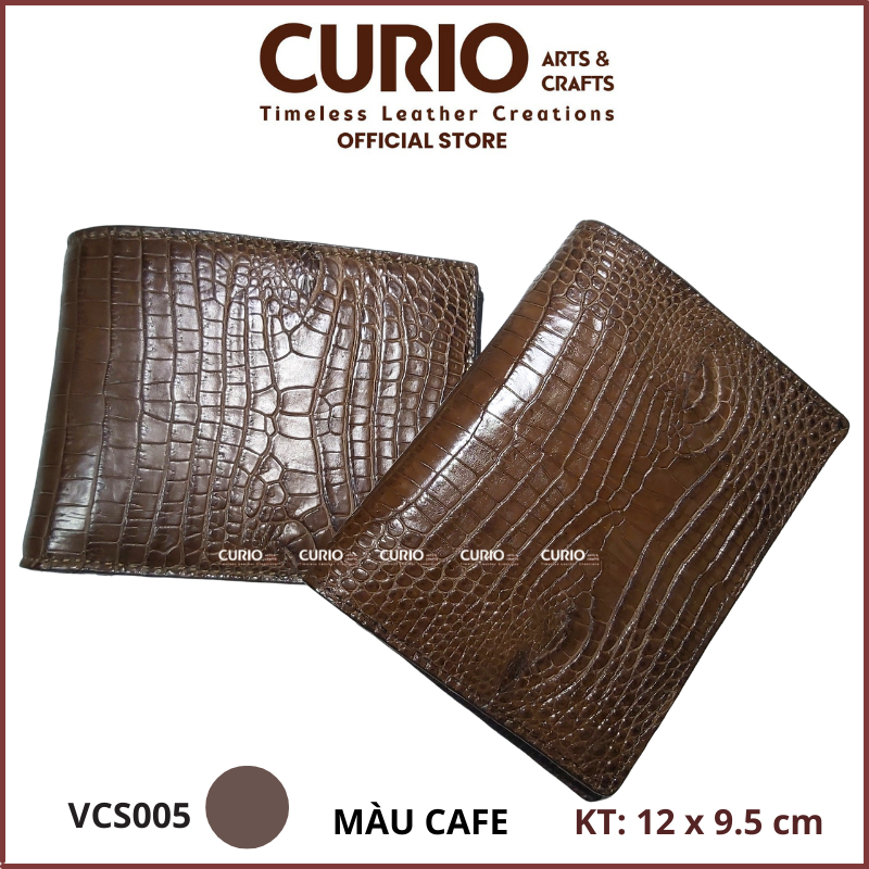 Bóp/ Ví nam da cá sấu thật, màu cafe, gập đôi dáng ngang/ dáng đứng, kèm hộp VCS005 - CURIO LEATHER