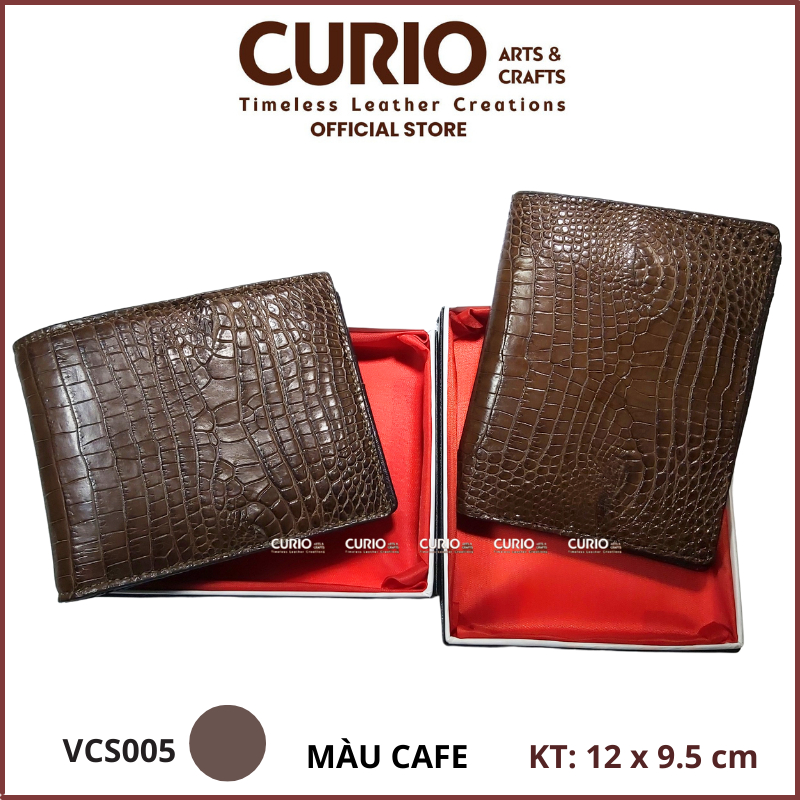 Bóp/ Ví nam da cá sấu thật, màu cafe, gập đôi dáng ngang/ dáng đứng, kèm hộp VCS005 - CURIO LEATHER