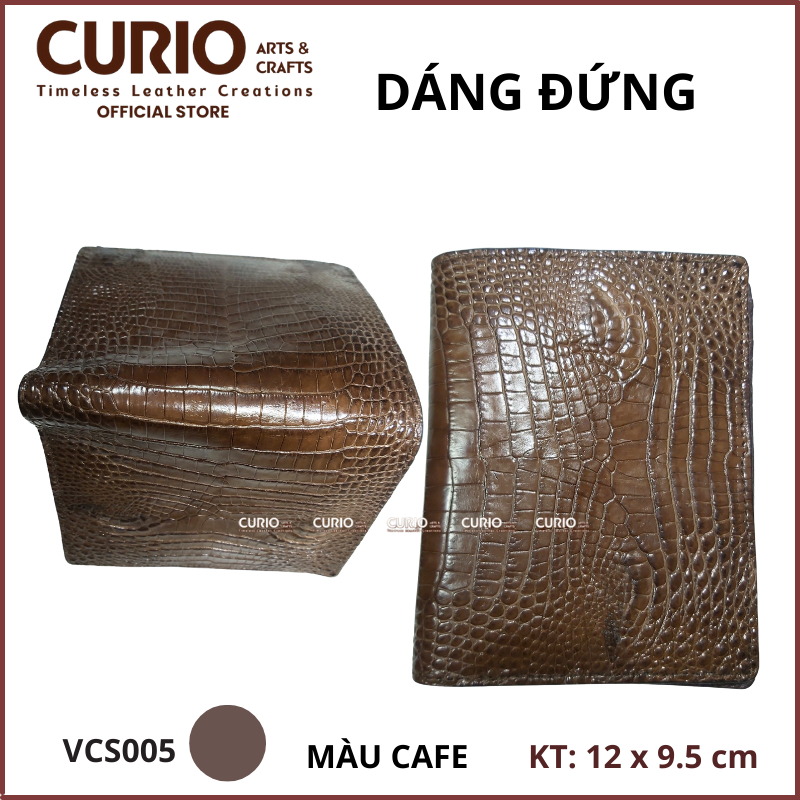 Bóp/ Ví nam da cá sấu thật, màu cafe, gập đôi dáng ngang/ dáng đứng, kèm hộp VCS005 - CURIO LEATHER