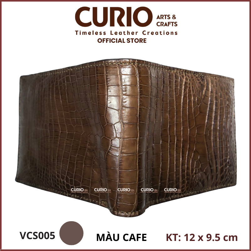 Bóp/ Ví nam da cá sấu thật, màu cafe, gập đôi dáng ngang/ dáng đứng, kèm hộp VCS005 - CURIO LEATHER