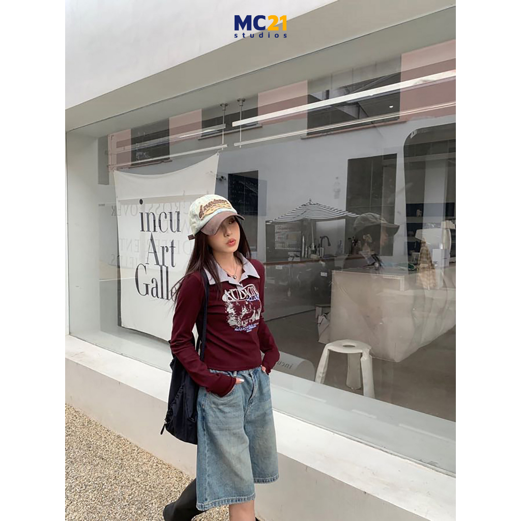 Ảnh Áo croptop dài tay MC21.STUDIOS thun oversize Ulzzang Streetwear Hàn Quốc chất xịn tee form rộng t-shirt pull A3735 4
