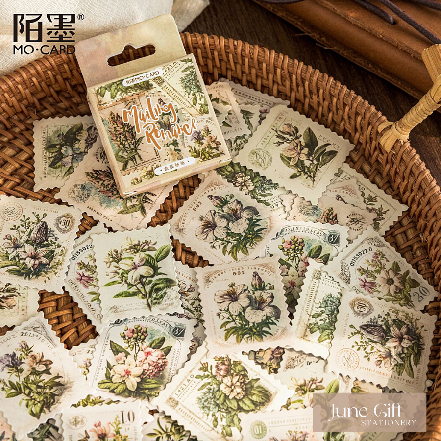 Hộp 45 sticker tem thư hoa Postage Stamp trang trí phong bì, thiệp, sổ ...