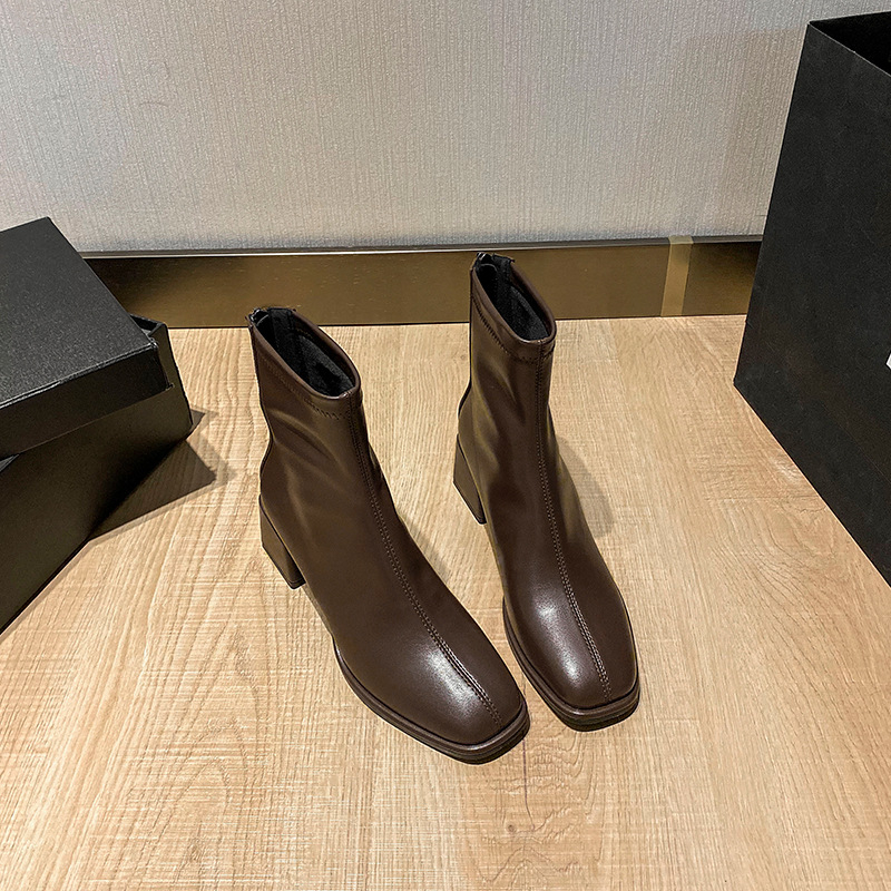 Giày bốt nữ cổ cao đế vuông 5cm lót lông, boot cao gót nữ 5p khóa sau ...
