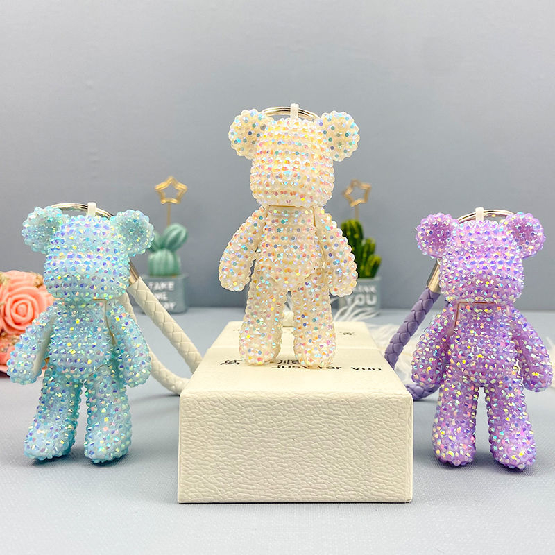 Móc Khóa Bearbrick gấu 8cm tự đính đá nhiều màu (combo đầy đủ gấu + đá + bộ đính + keo)