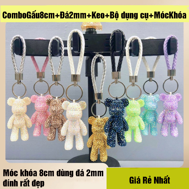 Móc Khóa Bearbrick gấu 8cm tự đính đá nhiều màu (combo đầy đủ gấu + đá + bộ đính + keo)