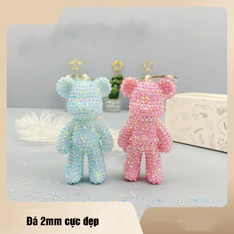 Móc Khóa Bearbrick gấu 8cm tự đính đá nhiều màu (combo đầy đủ gấu + đá + bộ đính + keo)