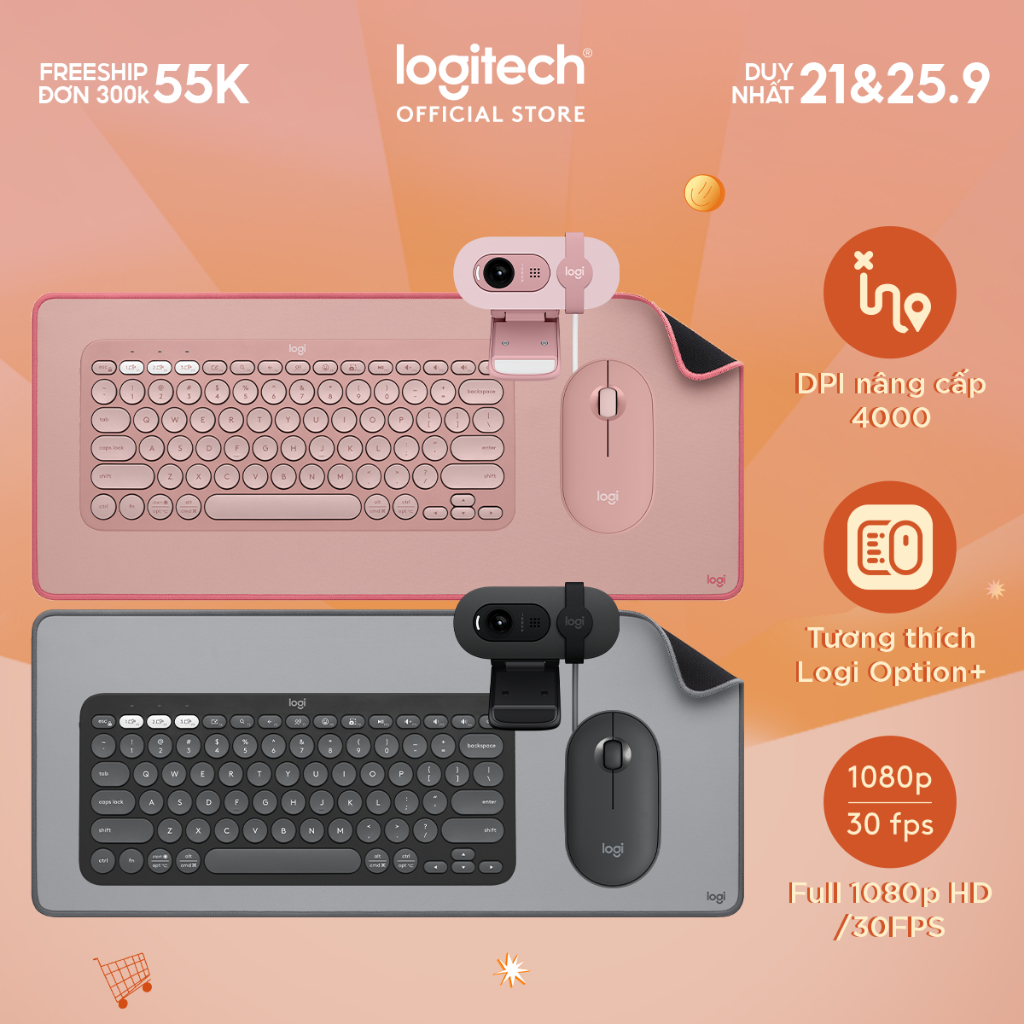 Bàn phím Logitech K380s | Chuột Logitech M350s | Webcam Logitech Brio 100 | Bàn di Chuột Logitech Deskmat