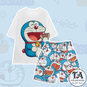 Set Bộ Đùi Doremon cotton quần áo hoạt hình hoạ tiết đáng yêu Mặc Nhóm Đi Biển - Bộ Đùi Nam Nữ Mặc Nhà Tueanhstore