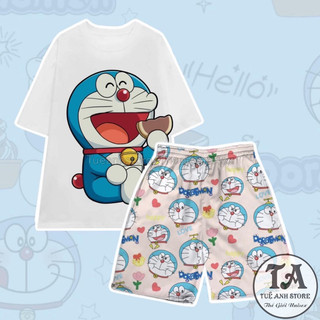 Set Bộ Đùi Doremon cotton quần áo hoạt hình hoạ tiết đáng yêu Mặc Nhóm Đi Biển - Bộ Đùi Nam Nữ Mặc Nhà Tueanhstore