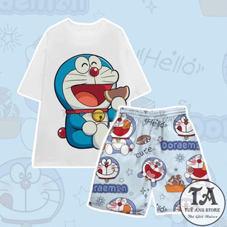 Set Bộ Đùi Doremon cotton quần áo hoạt hình hoạ tiết đáng yêu Mặc Nhóm Đi Biển - Bộ Đùi Nam Nữ Mặc Nhà Tueanhstore