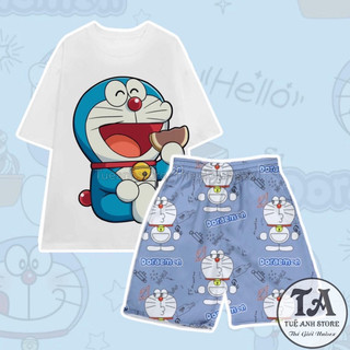 Set Bộ Đùi Doremon cotton quần áo hoạt hình hoạ tiết đáng yêu Mặc Nhóm Đi Biển - Bộ Đùi Nam Nữ Mặc Nhà Tueanhstore
