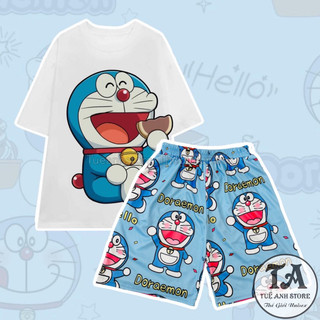 Set Bộ Đùi Doremon cotton quần áo hoạt hình hoạ tiết đáng yêu Mặc Nhóm Đi Biển - Bộ Đùi Nam Nữ Mặc Nhà Tueanhstore
