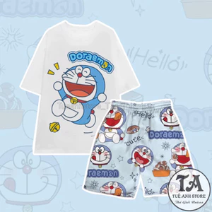Set Bộ Đùi ĐÔRÊMON nhiều hoạ tiết dễ thương Bộ Mặc Nhà Nam Nữ Cotton Áo Phom Rộng Unisex Phối Quần Cartoon TUEANHSTORE