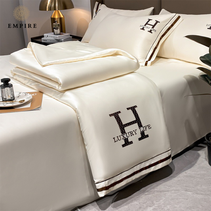 Bộ chăn ga gối nệm đệm 4 món phi lụa chữ H luxury cao cấp bo chun drap - EMPIRE | Bedding & Decor