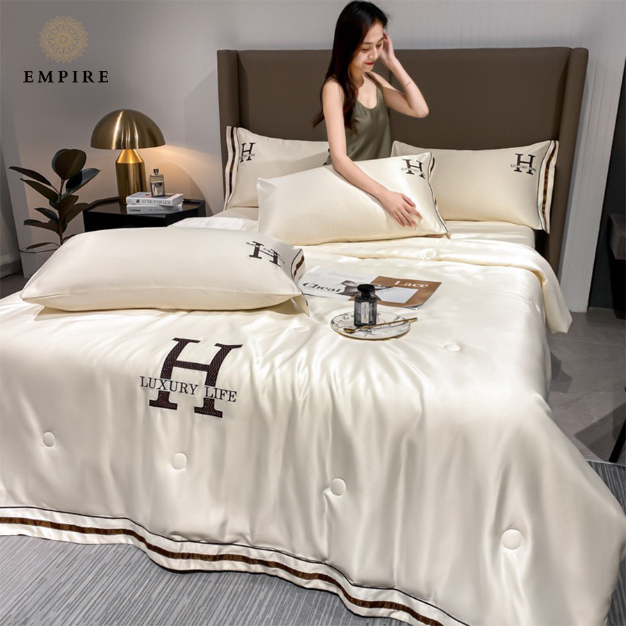 Bộ chăn ga gối nệm đệm 4 món phi lụa chữ H luxury cao cấp bo chun drap - EMPIRE | Bedding & Decor