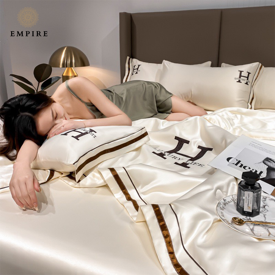 Bộ chăn ga gối nệm đệm 4 món phi lụa chữ H luxury cao cấp bo chun drap - EMPIRE | Bedding & Decor