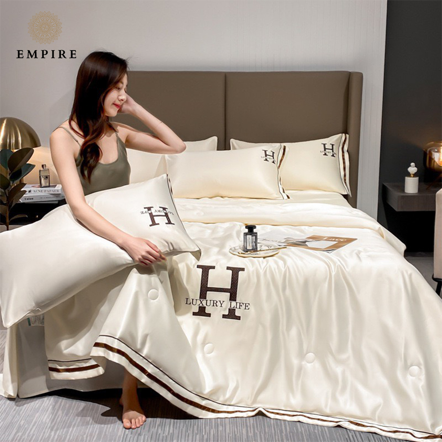 Bộ chăn ga gối nệm đệm 4 món phi lụa chữ H luxury cao cấp bo chun drap - EMPIRE | Bedding & Decor