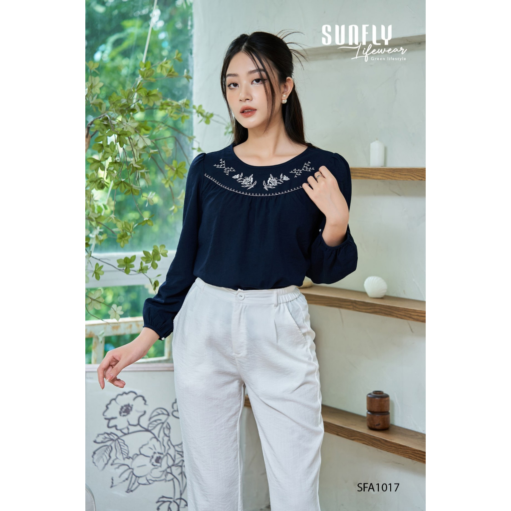 ÁO LINEN THUN THÊU CỔ SFA1017