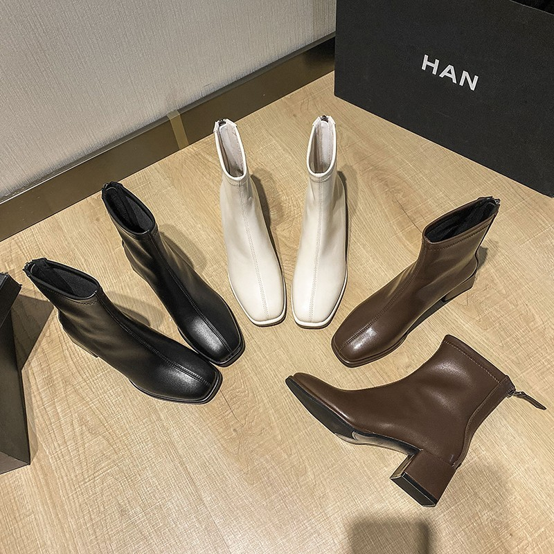 Giày bốt nữ cao cổ đế vuông 5p boot nữ da trơn đứng phom lót lông khóa ...