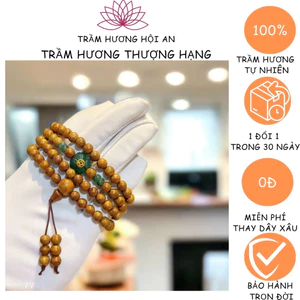 Vòng tay trầm hương tốc tự nhiên 108 hạt 6mm mix charm lam ngọc xu vàng-An Yên Thanh lịch và diu dàng-Trầm hương Hôi An