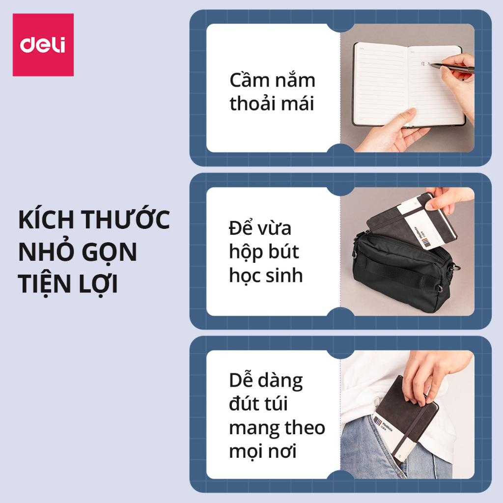 [VOUCHER 20%]Sổ Tay Bìa Da Mini A6 Cao Cấp Deli - 192 Trang 80gsm - Sổ Da Ghi Chép Kẻ Ngang Chống Nước Viết Nhật Ký Take