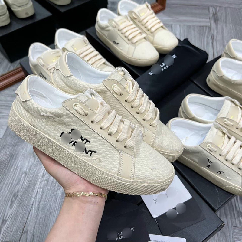 Giày thể thao sneaker nam nữ canvas be sữa vải dệt chữ wash rách phối ...