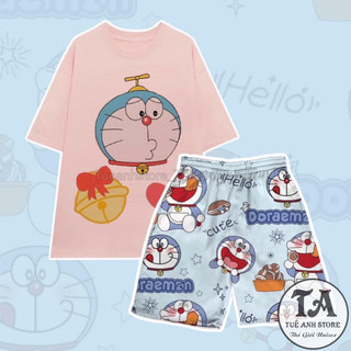 Bộ Đùi DOREMON Hồng Set Bộ Áo Thun Cotton Phối Quần Short Cartoon Hoạt Hình Phom Rộng Unisex TUEANHSTORE