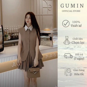 Set áo váy nâu tây GUMIN thiết kế áo sát nách và chân váy xoè ngắn xếp ly tiểu thư