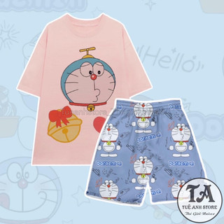 Bộ Đùi DOREMON Hồng Set Bộ Áo Thun Cotton Phối Quần Short Cartoon Hoạt Hình Phom Rộng Unisex TUEANHSTORE
