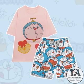 Bộ Đùi DOREMON Hồng Set Bộ Áo Thun Cotton Phối Quần Short Cartoon Hoạt Hình Phom Rộng Unisex TUEANHSTORE