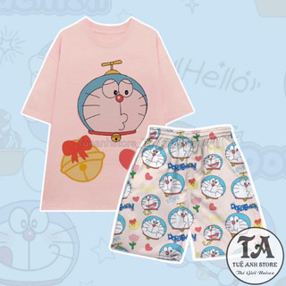 Bộ Đùi DOREMON Hồng Set Bộ Áo Thun Cotton Phối Quần Short Cartoon Hoạt Hình Phom Rộng Unisex TUEANHSTORE