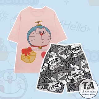 Bộ Đùi DOREMON Hồng Set Bộ Áo Thun Cotton Phối Quần Short Cartoon Hoạt Hình Phom Rộng Unisex TUEANHSTORE