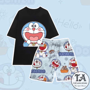 Set Bộ Đùi Nữ DOREMON cotton - Bộ mặc nhà nam nữ áo thun phom rộng phối quần cartoon freesize 38-65kg TUEANHSTORE