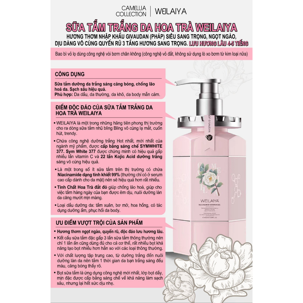 Set quà Sữa tắm trắng da cánh hoa hồng Damask 450ml và Sữa tắm trắng da, làm sạch da toàn thân Niacinamide WEILAIYA 450m