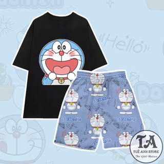 Set Bộ Đùi Nữ DOREMON cotton - Bộ mặc nhà nam nữ áo thun phom rộng phối quần cartoon freesize 38-65kg TUEANHSTORE