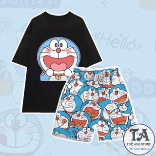 Set Bộ Đùi Nữ DOREMON cotton - Bộ mặc nhà nam nữ áo thun phom rộng phối quần cartoon freesize 38-65kg TUEANHSTORE