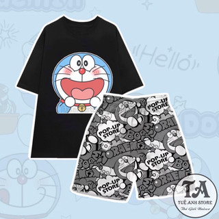 Set Bộ Đùi Nữ DOREMON cotton - Bộ mặc nhà nam nữ áo thun phom rộng phối quần cartoon freesize 38-65kg TUEANHSTORE