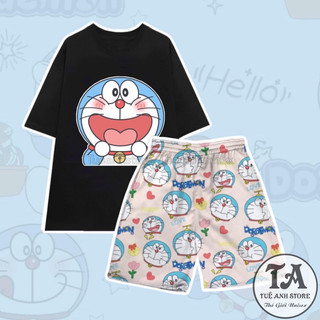 Set Bộ Đùi Nữ DOREMON cotton - Bộ mặc nhà nam nữ áo thun phom rộng phối quần cartoon freesize 38-65kg TUEANHSTORE