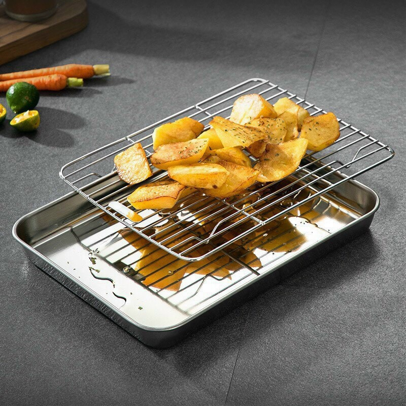 Khay Nướng  Kèm Vỉ Hấp Inox dùng để nướng bánh ,chất liệu inox 304 dày dặn hình chữ nhật