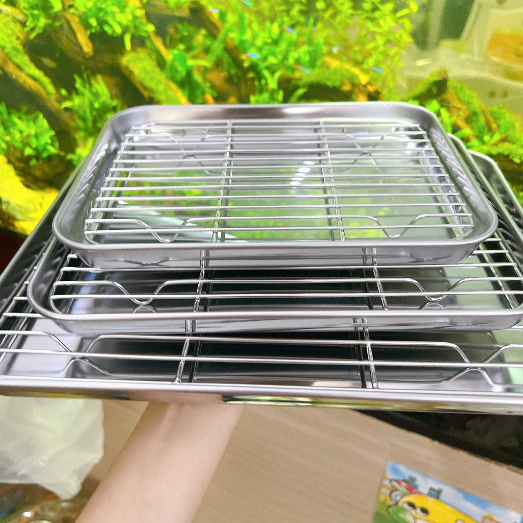 Khay Nướng  Kèm Vỉ Hấp Inox dùng để nướng bánh ,chất liệu inox 304 dày dặn hình chữ nhật
