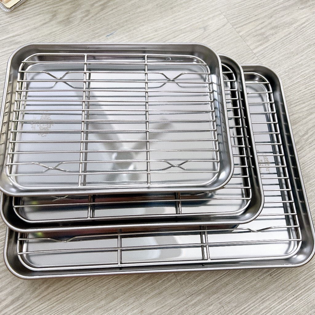 Khay Nướng  Kèm Vỉ Hấp Inox dùng để nướng bánh ,chất liệu inox 304 dày dặn hình chữ nhật