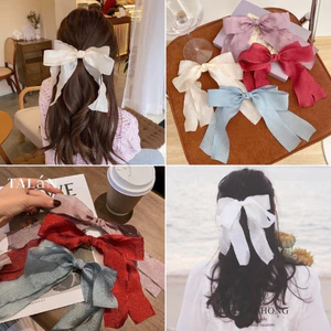 Kẹp Tóc Nơ Tiểu Thư Vải Thô Đũi Xốp Đuôi Dài Vintage Phong Cách Hàn Quốc Tinh Tế Thời Trang Hot Trend - KẸP BẤM