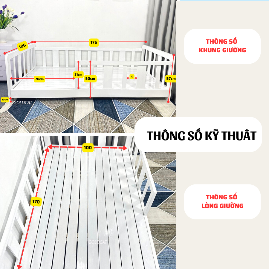 Ảnh Giường Gỗ GOLDCAT Cho Trẻ Từ 2-15 Tuổi Phong Cách Hàn Quốc, Trọng Tải Tối Đa 180kg, Gỗ Quế An Toàn 2